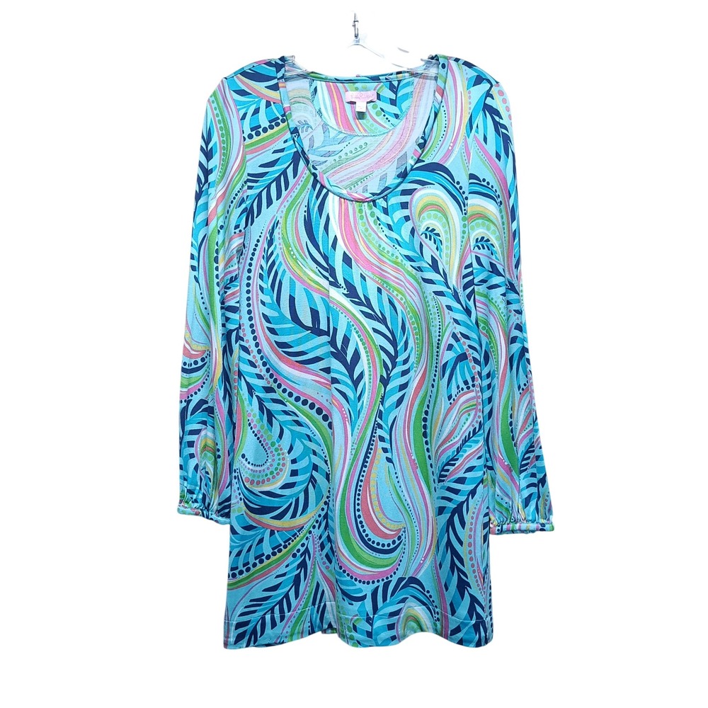 Lilly Pulitzer Womens S Blue Pink Swirl Leaf Print Tunic Dress Scoop Neck Casual